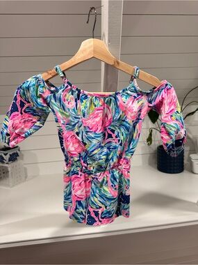 Lilly Pulitzer Pink Blue Green Floral Flamingo Off-Shoulder Kids romper